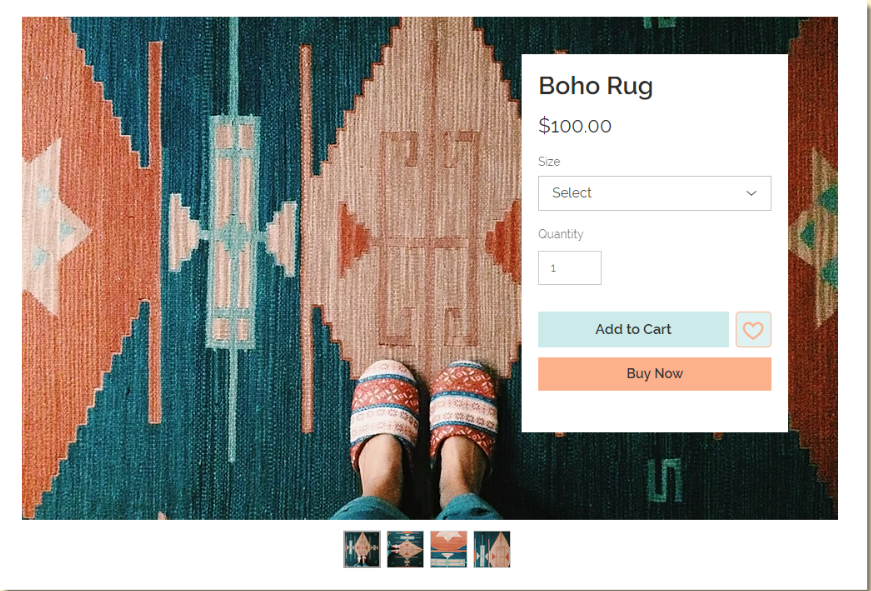 Wix ecommerce product page featuring product image gallery, pricing, size dropdown, quantity selector, add to cart button, and buy now option.