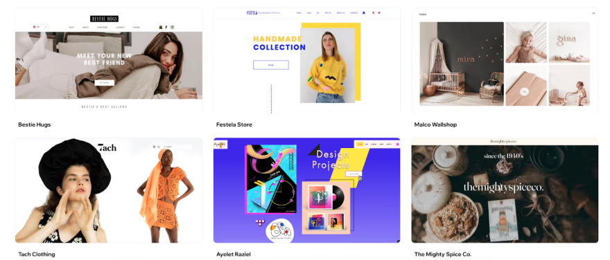 Wix website template gallery displaying ecommerce store templates and industry-specific website designs.