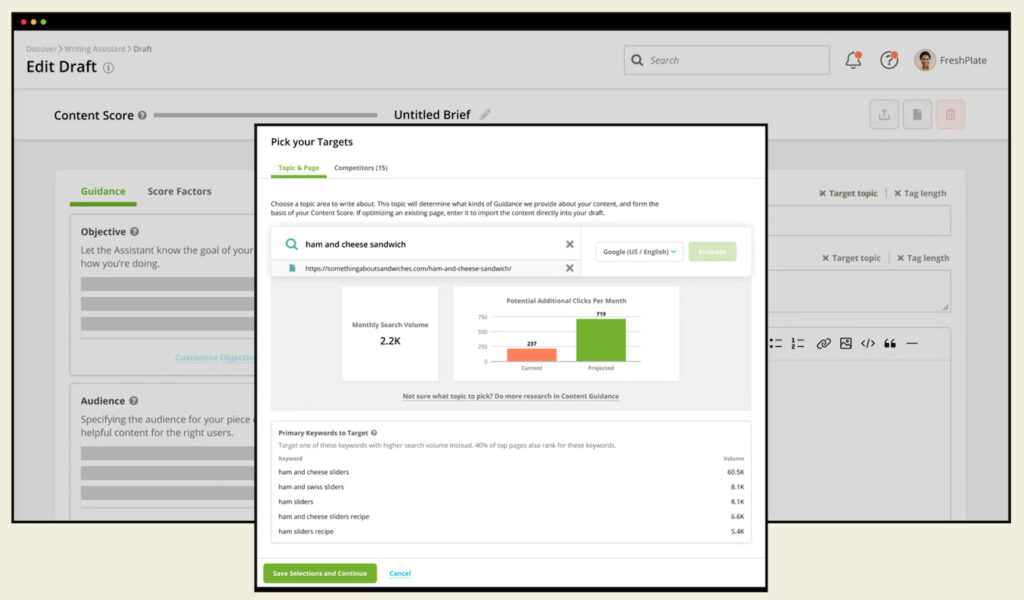 Conductor content editor showing keyword suggestions, topic targeting, and projected traffic.