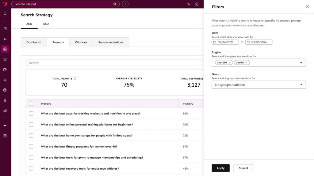 HubSpot AEO prompts dashboard showing tracked queries, visibility scores, and AI platform filters.