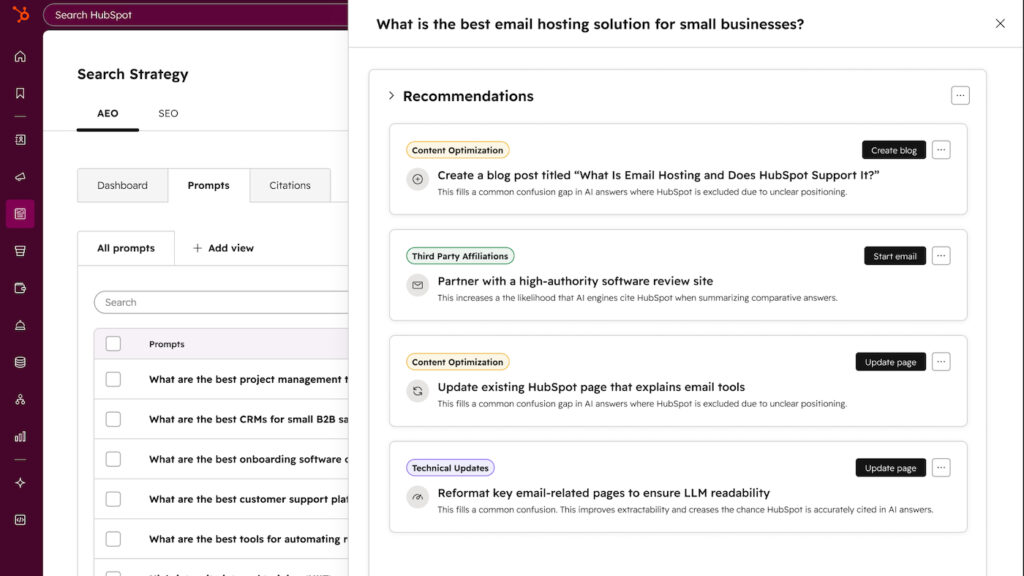 HubSpot AEO interface displaying content recommendations and optimization actions based on AI visibility insights.