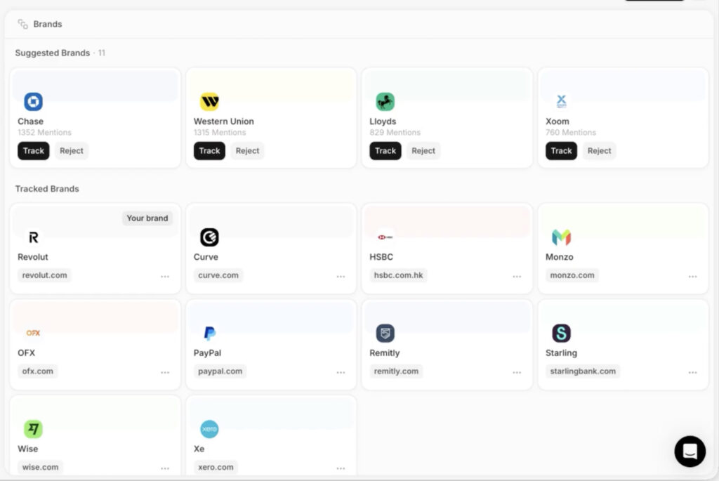 Peec AI interface showing tracked brands and suggested competitors for monitoring.