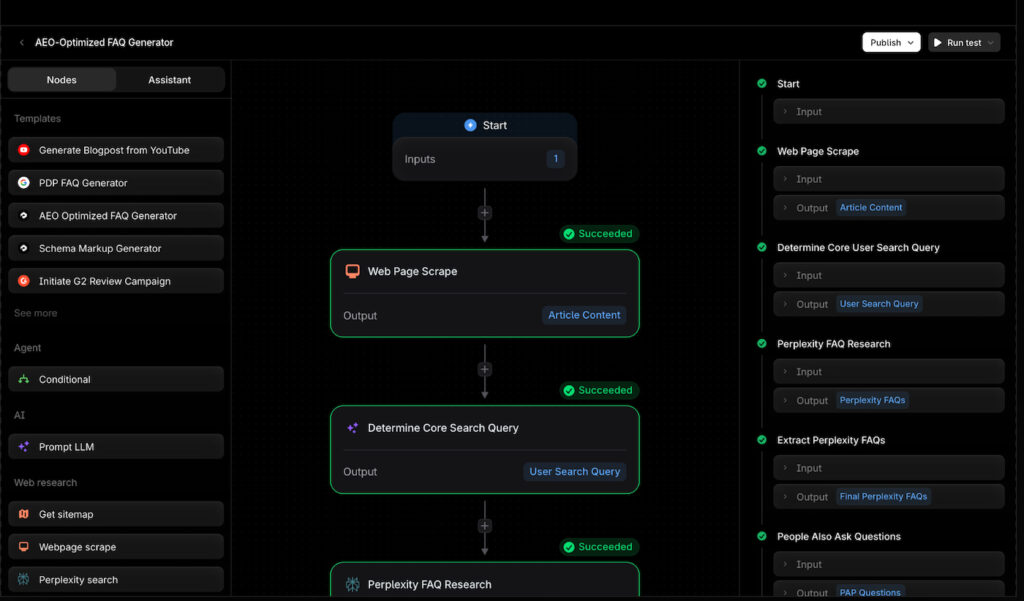Profound interface showing automated FAQ generation workflow using extracted queries and content inputs.