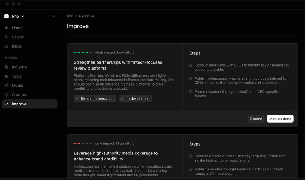 Profound recommendations dashboard showing suggested actions to improve AI search performance.