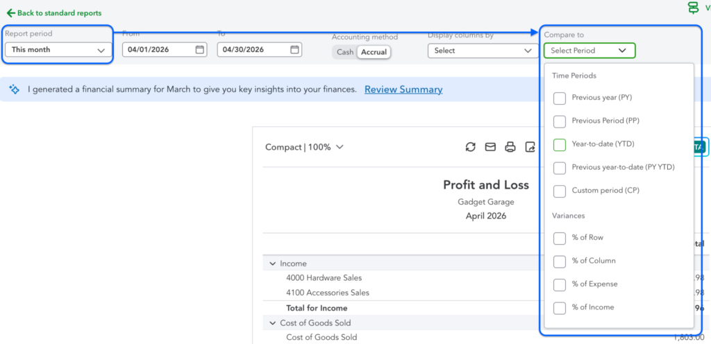 Adjusting report parameters on QuickBooks