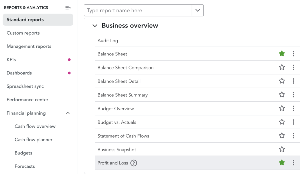 Accessing the P&L report in QuickBooks Online