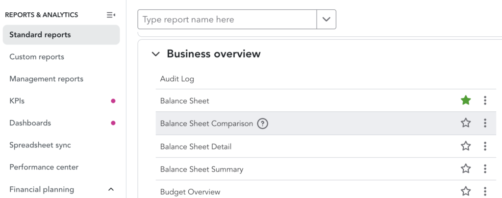 Accessing the balance sheet in QuickBooks Online