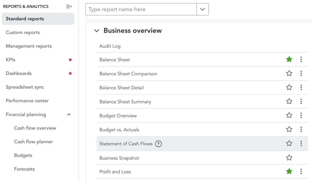 Accessing the cash flow statement in QuickBooks Online