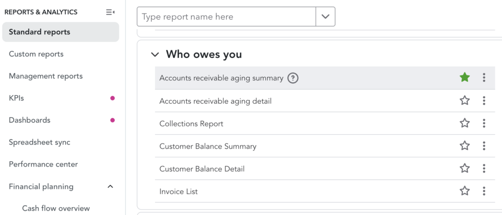 Accessing the A/R aging report in QuickBooks Online