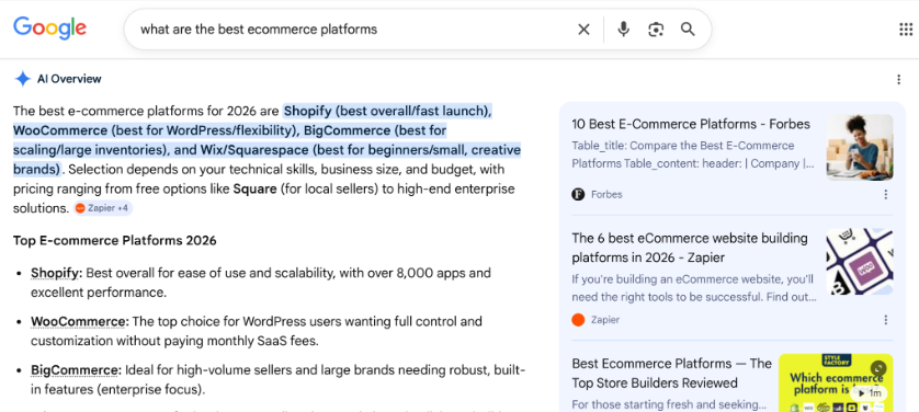 "Best ecommerce platforms" search results on AI Overviews