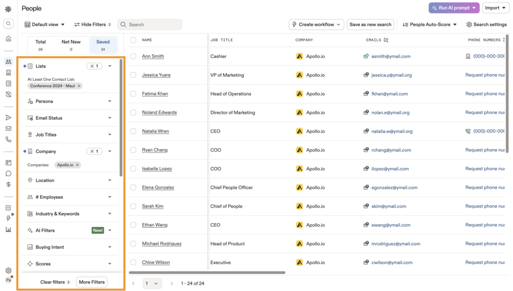 Apollo contact list featuring date-specific filters for prospects.