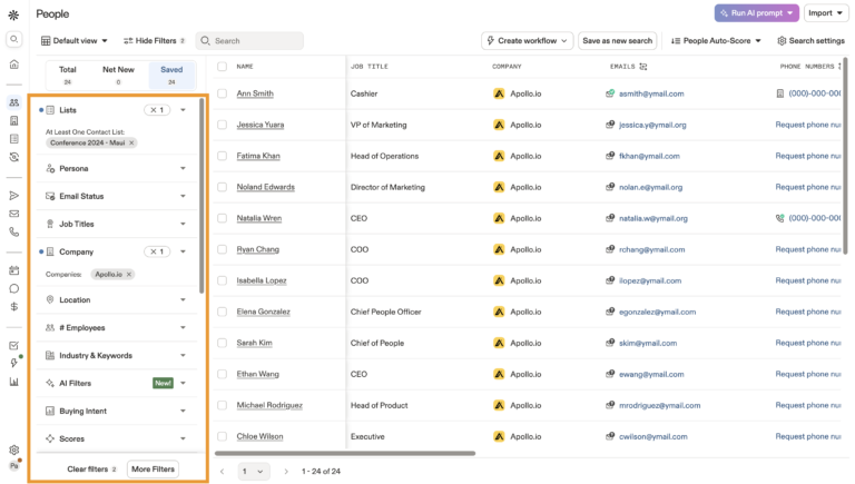 Apollo contact list featuring date-specific filters for prospects.