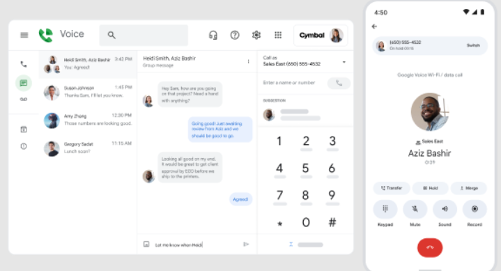 Desktop app and mobile phone screen featuring Google Voice.
