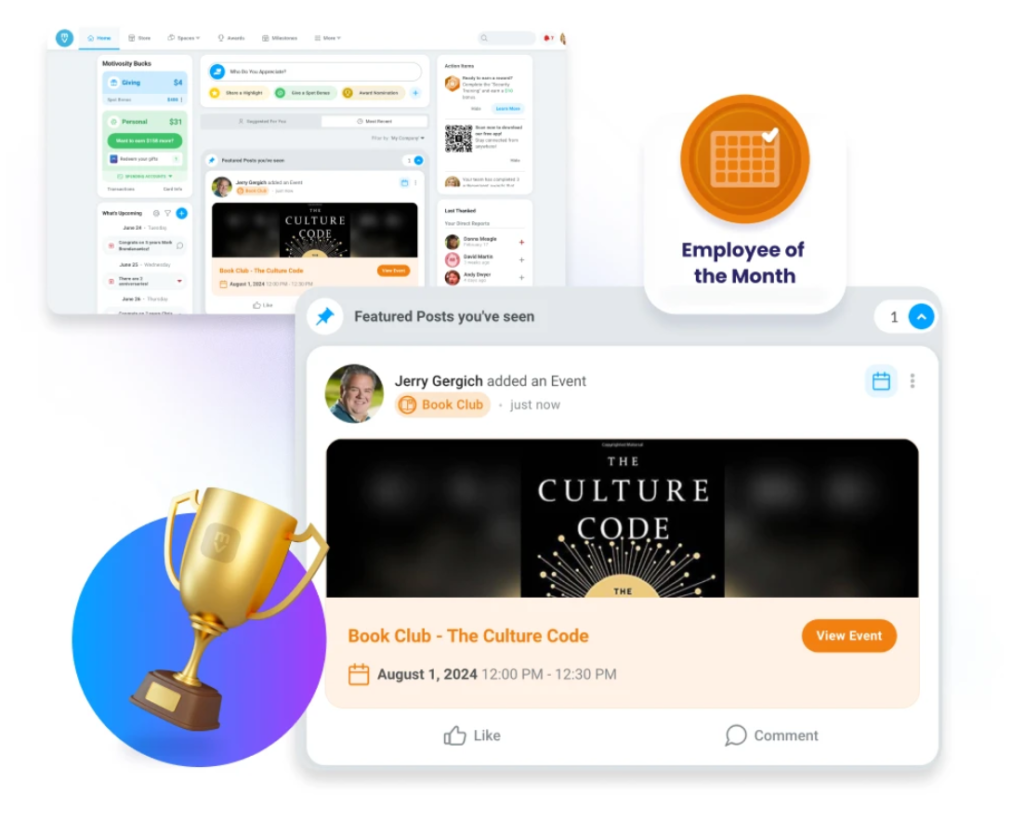 Motivosity platforms with featured posts and awards for the employee of the month.
