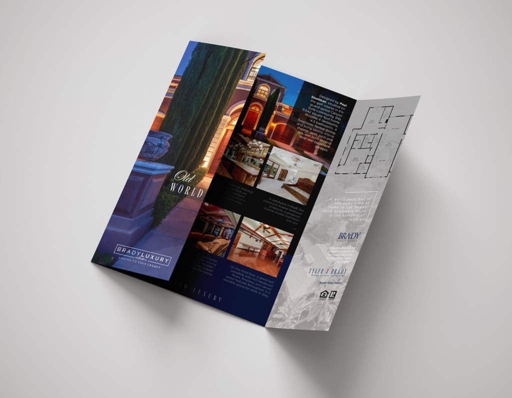 Tri-fold brochure design showcasing real estate marketing materials for business promotion