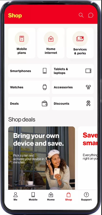 Mobile phone screen featuring Verizon Business shop deals.
