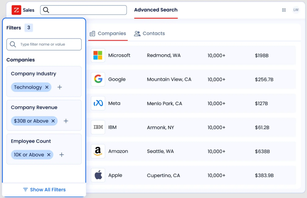 ZoomInfo advanced search feature of company data for large enterprises.