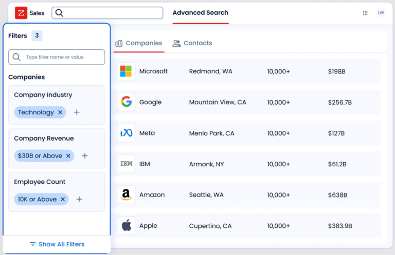 ZoomInfo advanced search feature of company data for large enterprises.
