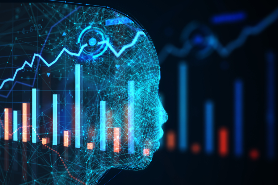 A hologram of a humanoid AI with bar graph and line graph.