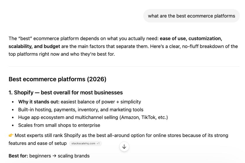 "Best ecommerce platforms" query on ChatGPT