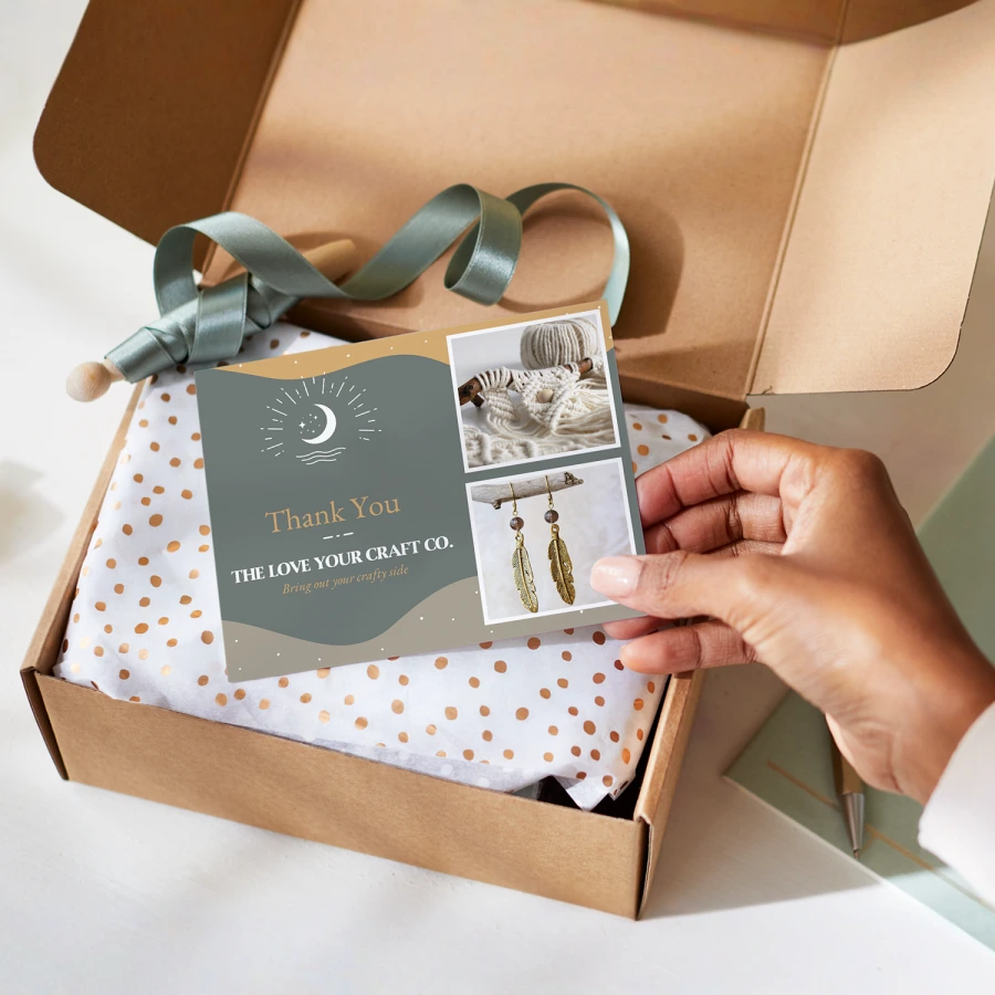 Branded packaging with thank-you card and insert used for small business customer retention and unboxing experience