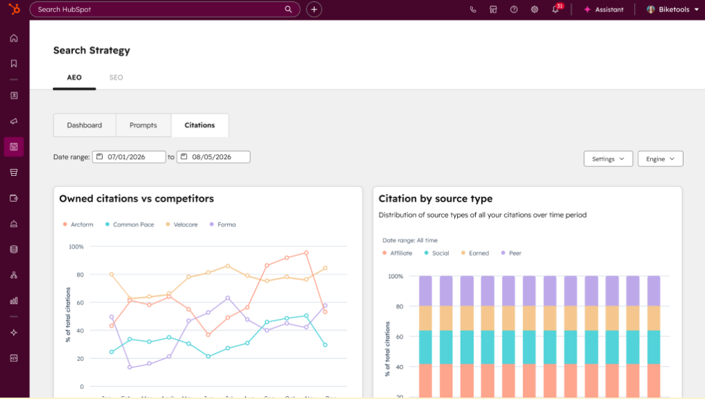 HubSpot AEO citations dashboard comparing owned citations versus competitors and citation sources across AI search engines