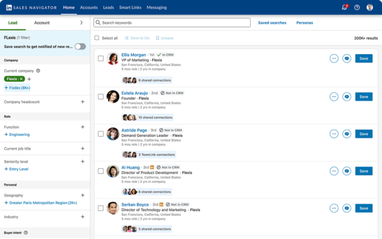 List of LinkedIn Sales Navigator leads with company affiliation, location, and employment information.