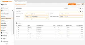 KORONA Studio showing the order level optimization screen with filters for store, warehouse, supplier, and order frequency, plus a product table with stock, reorder level, maximum level, and purchase price columns.