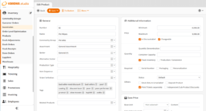 KORONA Studio’s edit product page for “Pet Wipes,” showing fields for item number, name, commodity group, assortment, tags, price limits, inventory tracking, required options, and product status.