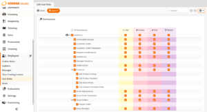 KORONA Studio’s user role permissions page showing inventory-related permission checkboxes for list, create, edit, and delete access across product and stock management functions.