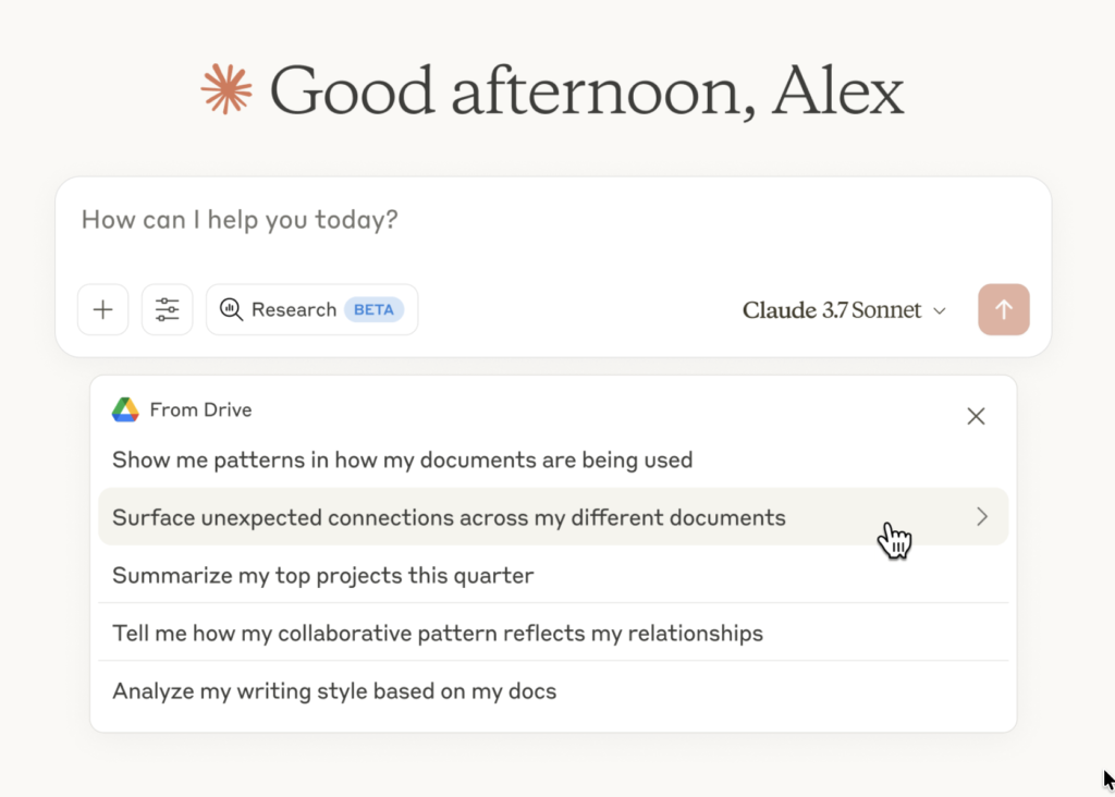 Claude suggests research prompts using connected Google Drive documents.