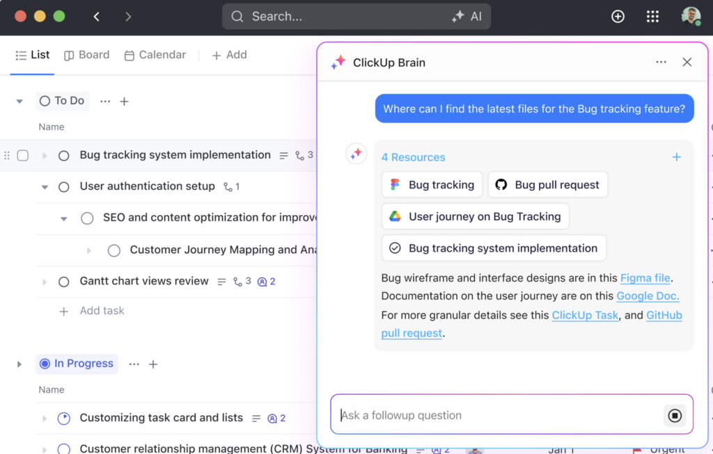 ClickUp Brain answering a question about where to find files for a bug tracking project.