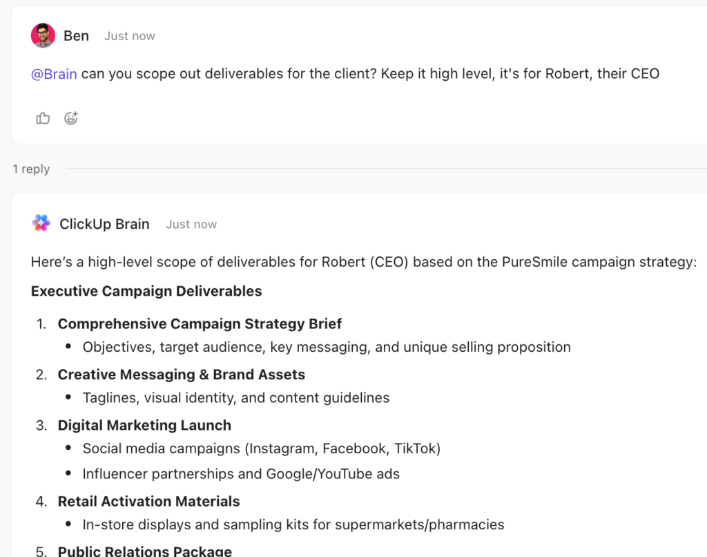 ClickUp Brain creates a high-level campaign deliverables list from a team request.