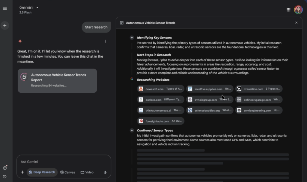 Gemini Deep Research gathers sources and builds a research report with cited findings.