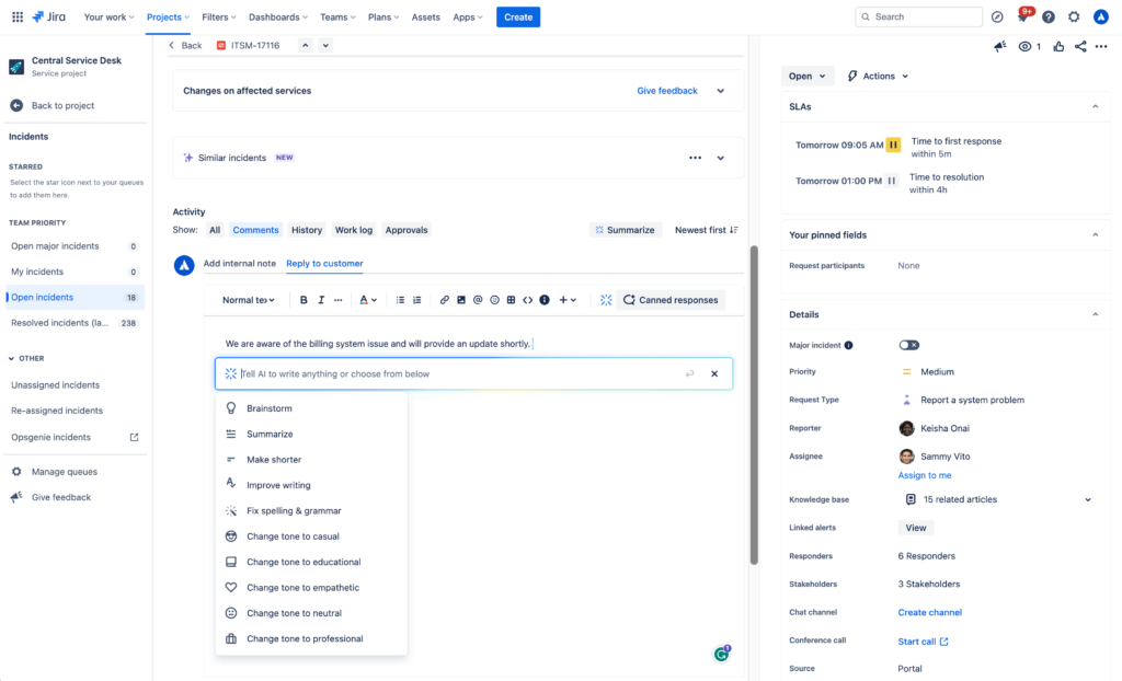 Jira AI writing a customer reply inside a service desk incident ticket.