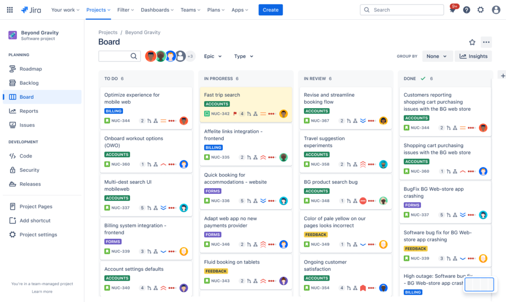 Jira Kanban board with project tasks organized into To Do, In Progress, In Review, and Done columns, showing issue status, assignees, and workflow progress.