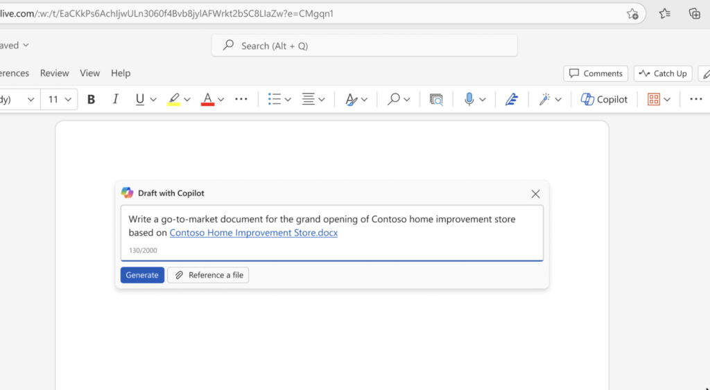 Microsoft Copilot generates a go-to-market document using a referenced Word file.