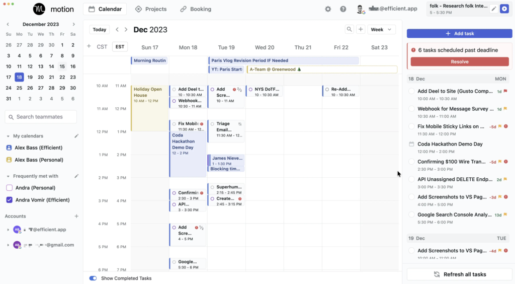 Motion calendar showing AI-scheduled tasks, deadline warnings, and automatically organized work across the week.