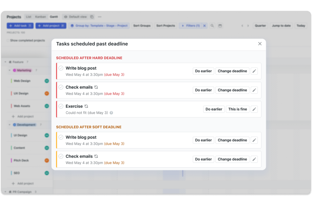 Motion showing tasks scheduled past hard and soft deadlines with options to reschedule work.