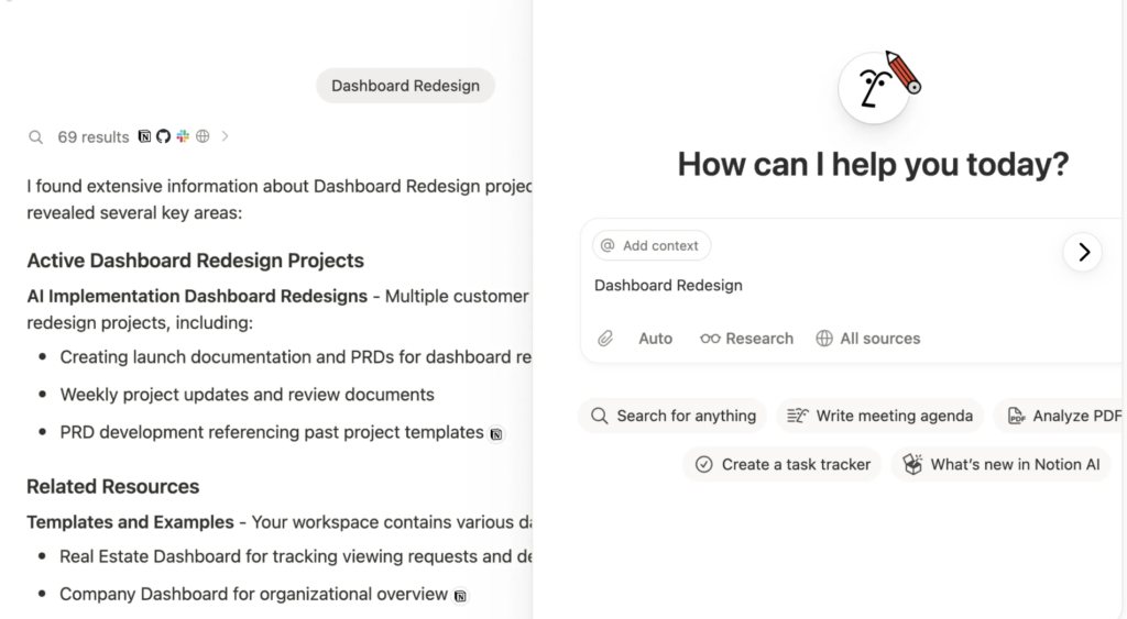 Notion AI searches project information and related resources from connected knowledge sources.