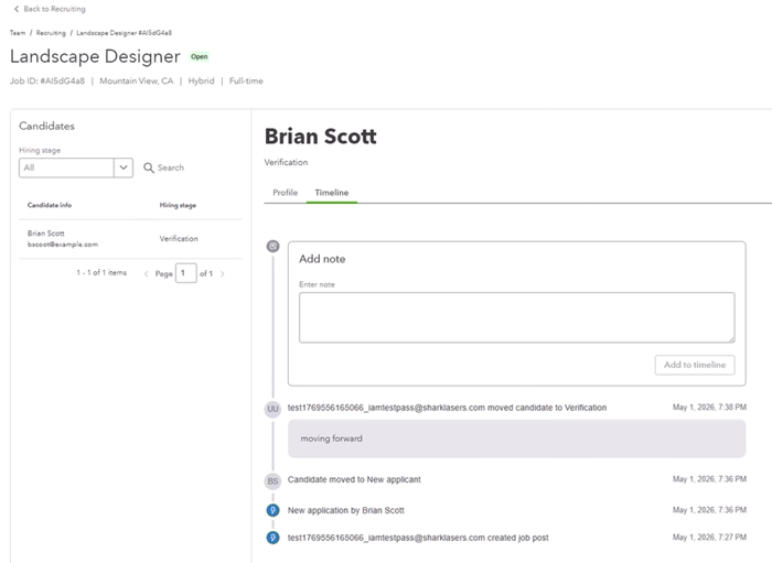 QuickBooks Workforce applicant timeline.