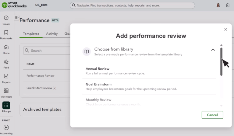 QuickBooks Workforce performance review templates.
