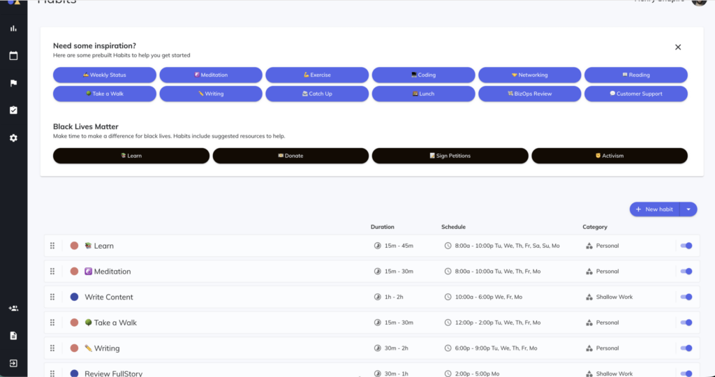 Reclaim habits dashboard displaying recurring personal and work routines with scheduled durations and calendar times.