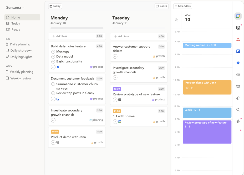 Sunsama daily planner displaying prioritized tasks alongside a calendar schedule for Monday and Tuesday.