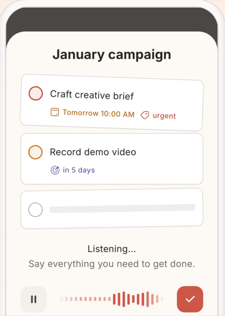 Todoist mobile app using voice input to create tasks with due dates and priority labels.
