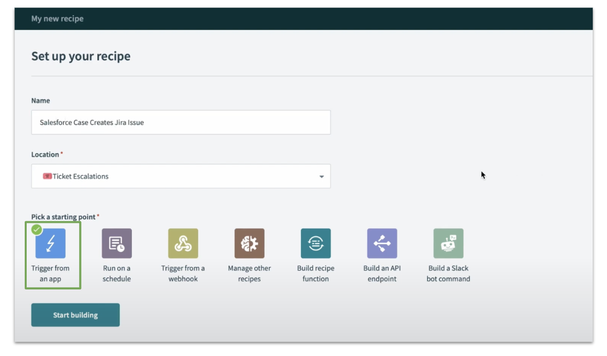 Workato recipe builder showing an enterprise workflow connecting multiple business applications.