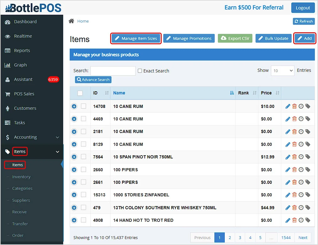 Bottle POS inventory management screen showing a searchable product catalog with liquor item names, pricing, item IDs, inventory tools, bulk updates, promotions management, and product editing controls.
