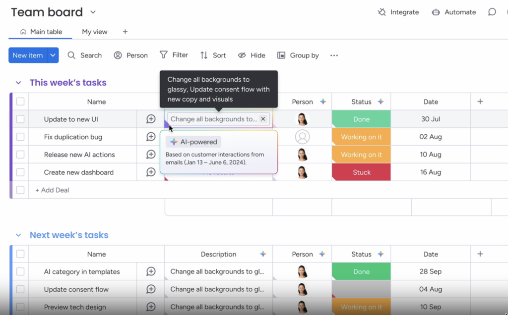monday.com uses AI to suggest updates for tasks in a project board.
