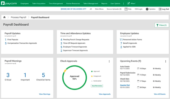 Paycom payroll dashboard with update tasks, pay warning alerts, and submission dates.