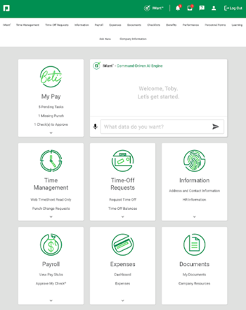 Paycom self-service portal with time tracking, payroll, and other HR tools.